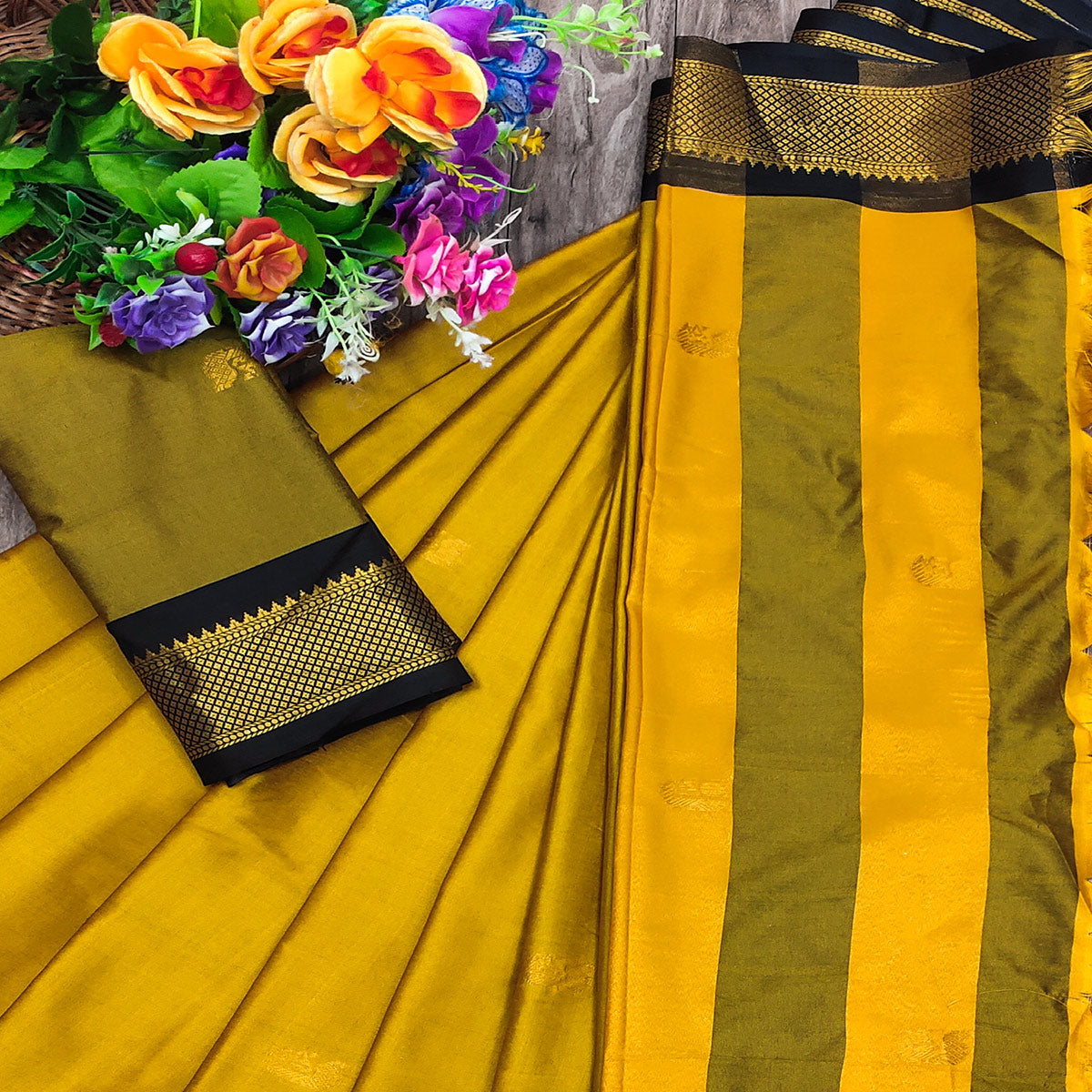 Mustard Butti Work Woven Cotton Silk Saree