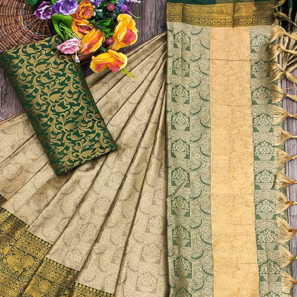 Chikoo Woven Cotton Silk Saree With Tassels