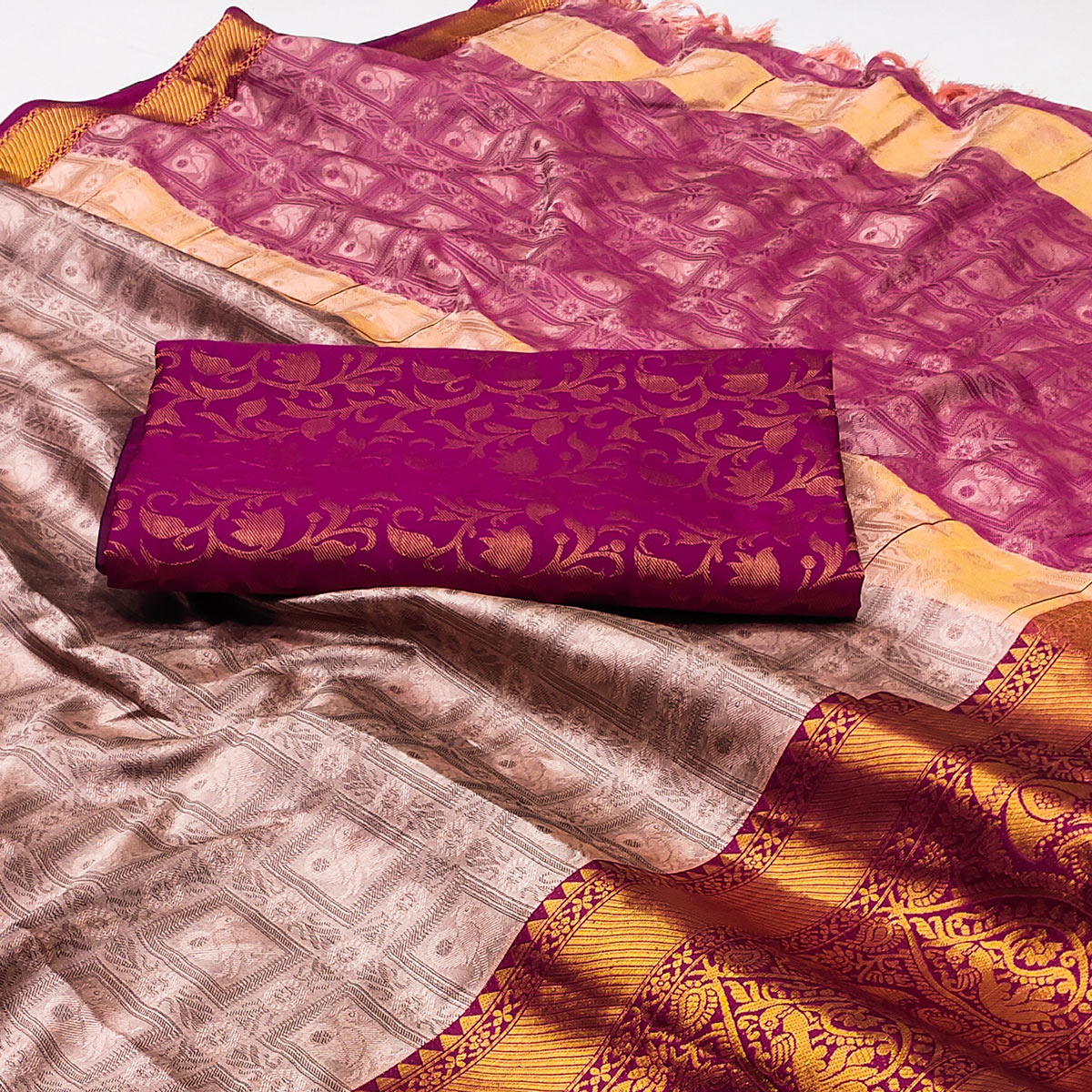 Pink Woven Cotton Silk Saree With Tassels