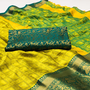 Lemon Yellow & Rama Woven Cotton Silk Saree With Tassels