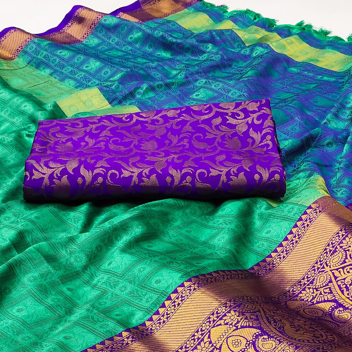 Sea Green Woven Cotton Silk Saree With Tassels