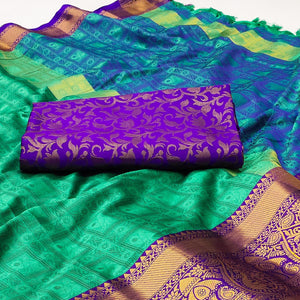 Sea Green Woven Cotton Silk Saree With Tassels
