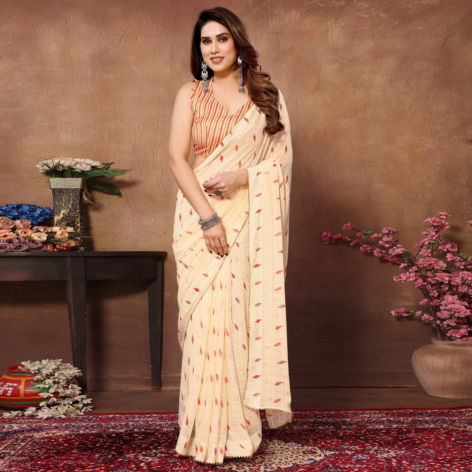 Light Peach Woven With Printed Ready To Wear Georgette Saree