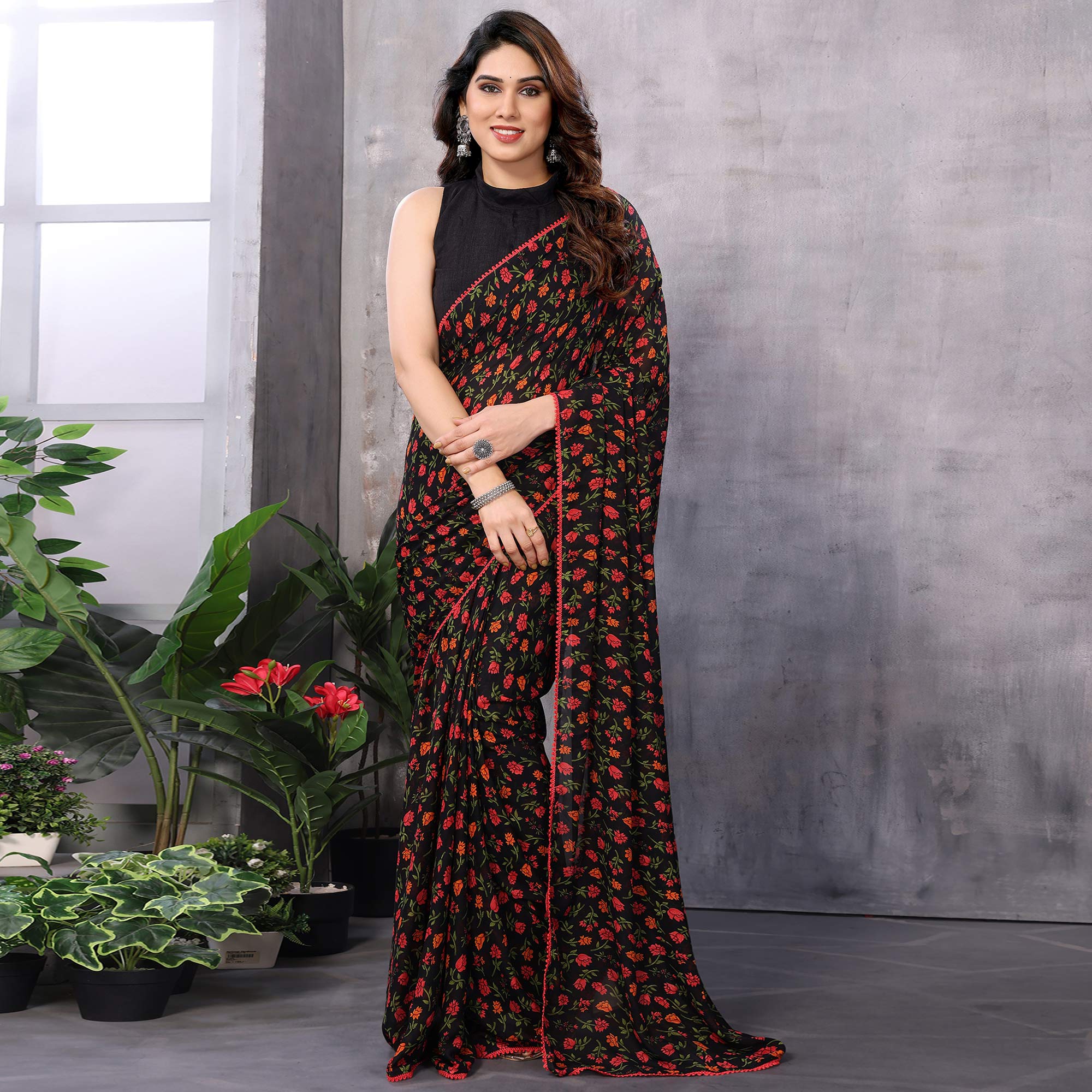 Black Floral Printed Georgette Ready To Wear Saree