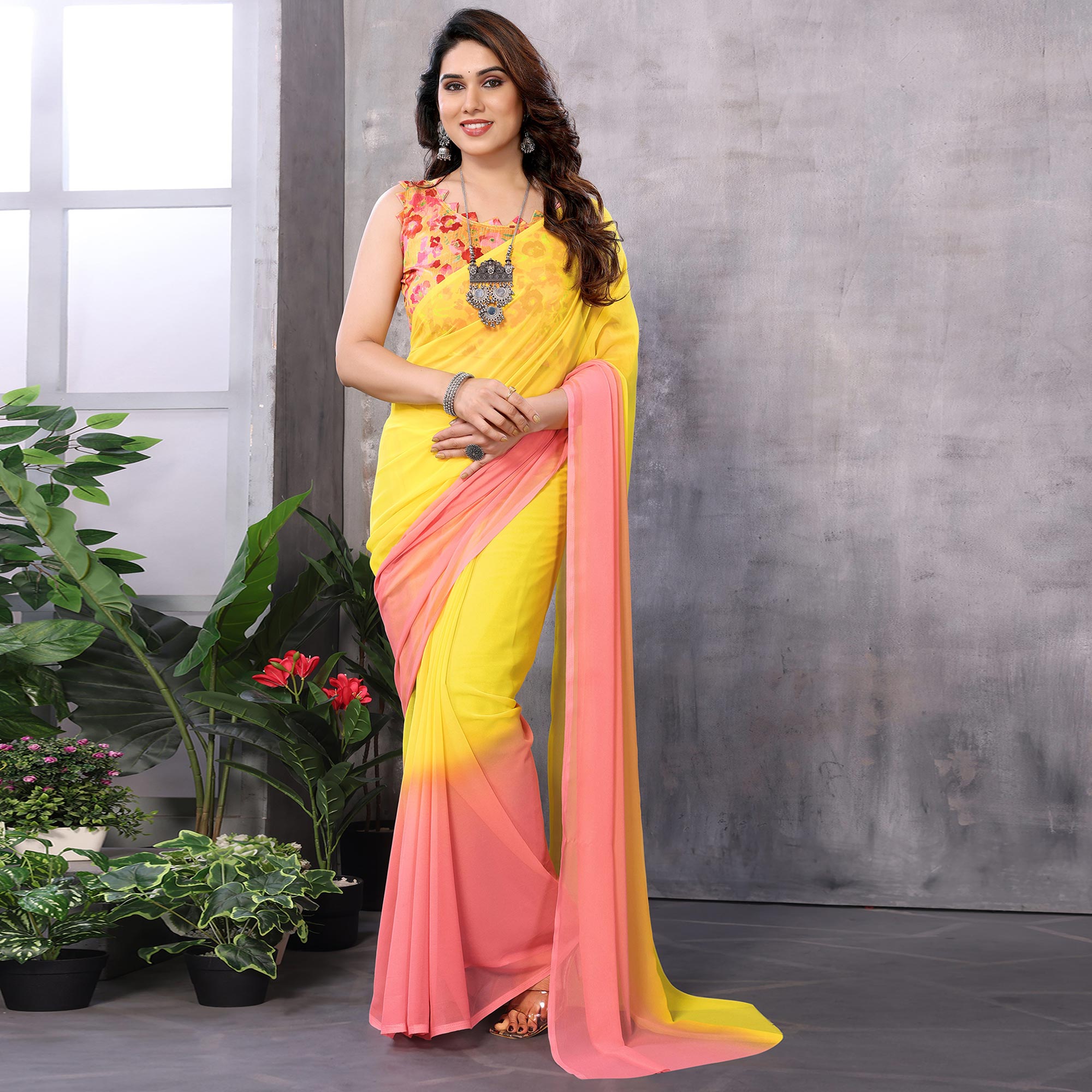 Yellow & Pink Ombre Printed Georgette Ready To Wear Saree