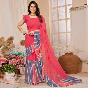 Pink Solid Georgette Saree With Printed Ruffle Border