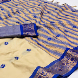 Beige & Blue Woven Cotton Silk Saree With Tassels