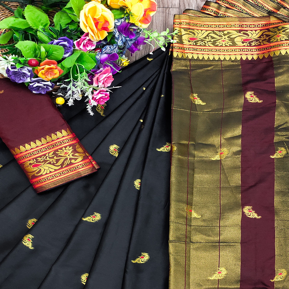 Black Butti Work Woven Cotton Silk Saree