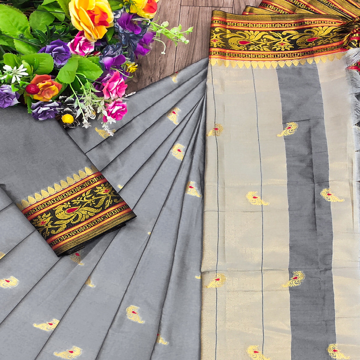 Grey Butti Work Woven Cotton Silk Saree