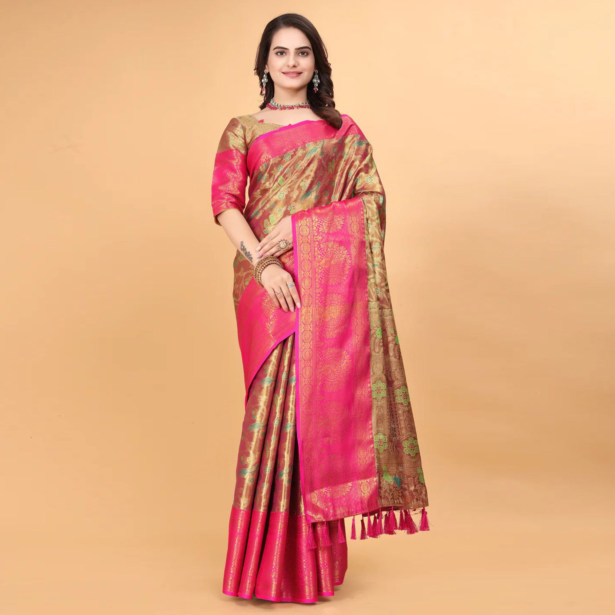 Rani Pink Floral Woven Tissue Silk Saree With Tassels
