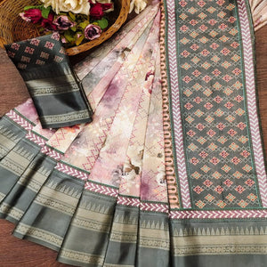 Light Grey Floral Digital Printed Cotton Silk Saree