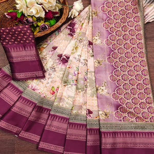 Magenta Floral Digital Printed Cotton Silk Saree