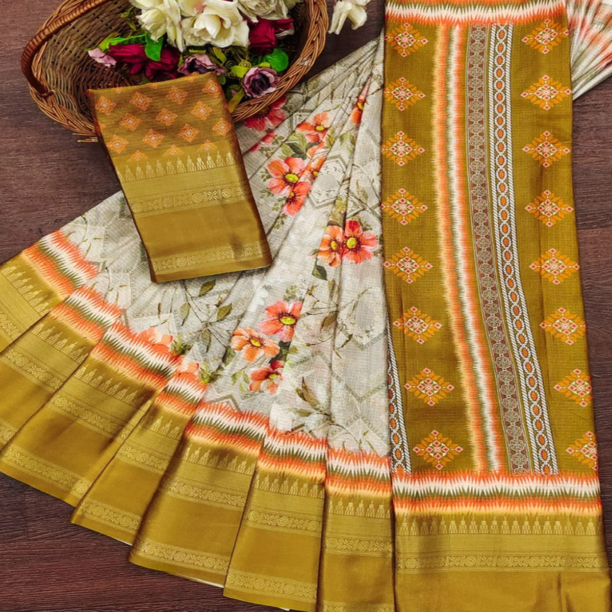 Mustard Floral Digital Printed Cotton Silk Saree