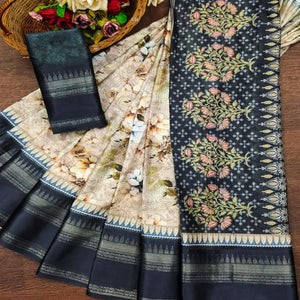 Navy Blue Floral Digital Printed Cotton Silk Saree