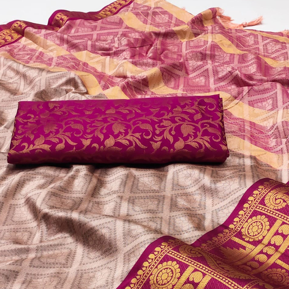 Beige Woven Cotton Silk Saree With Tassels