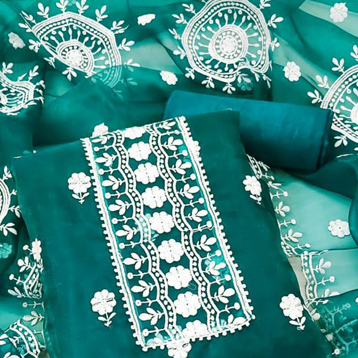 Teal Blue Floral Embroidered Organza Dress Material