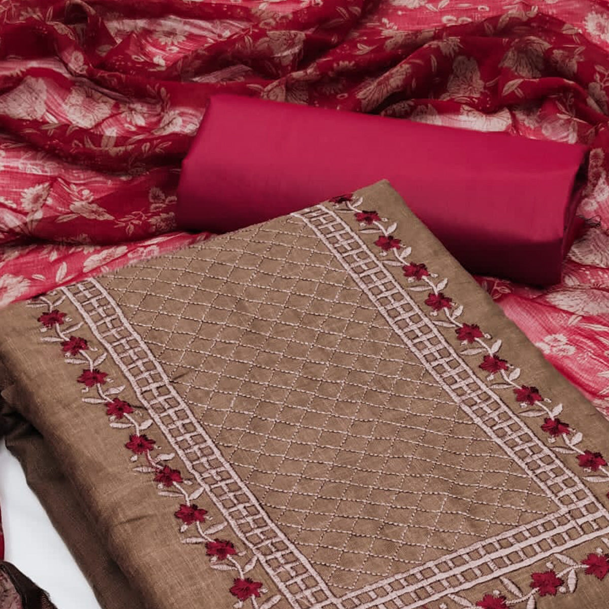 Brown Floral Embroidered Cotton Blend Dress Material
