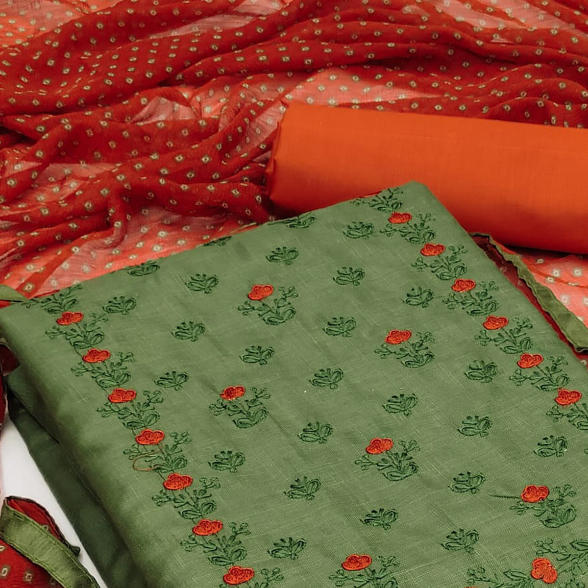 Green Floral Embroidered Cotton Blend Dress Material