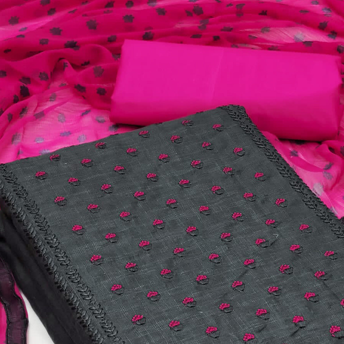 Grey Floral Embroidered Cotton Blend Dress Material