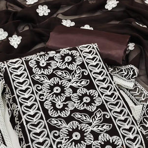 Coffee Brown Floral Embroidered Georgette Dress Material
