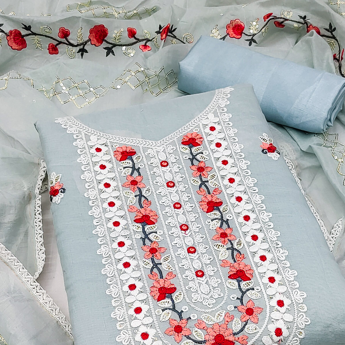 Light Grey Floral Embroidered Chanderi Dress Material