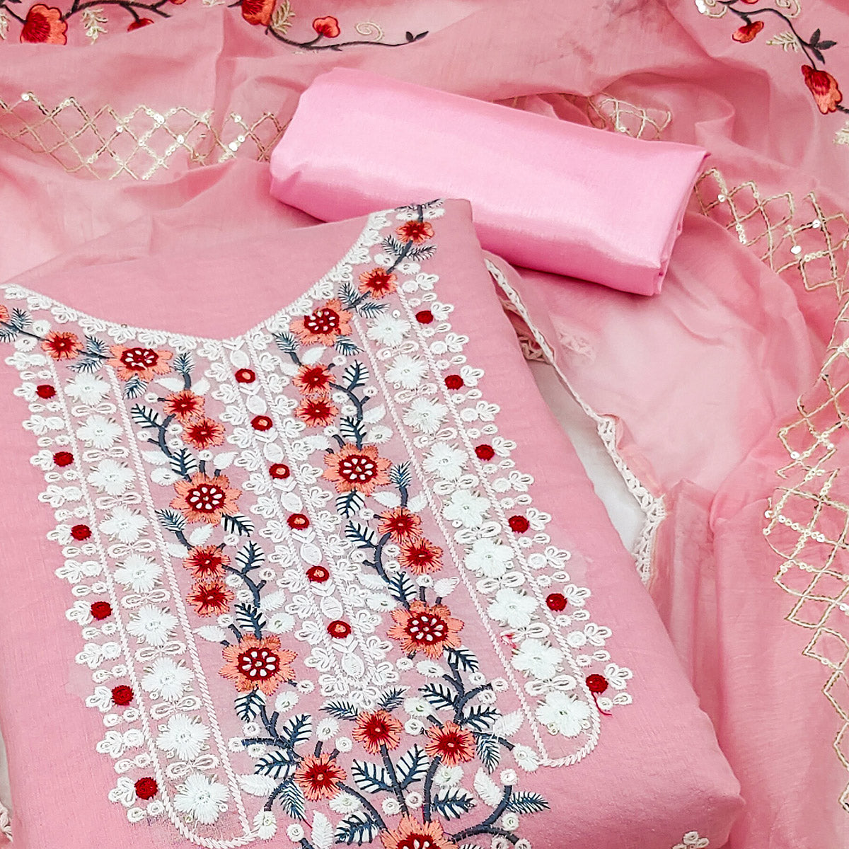 Pink Floral Embroidered Chanderi Dress Material