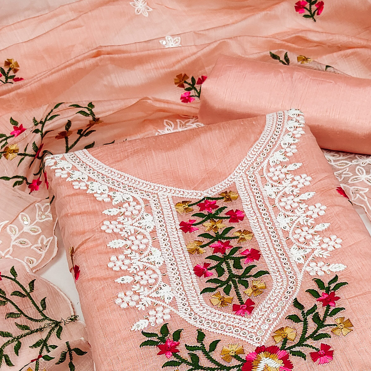 Peach Floral Embroidered Chanderi Dress Material