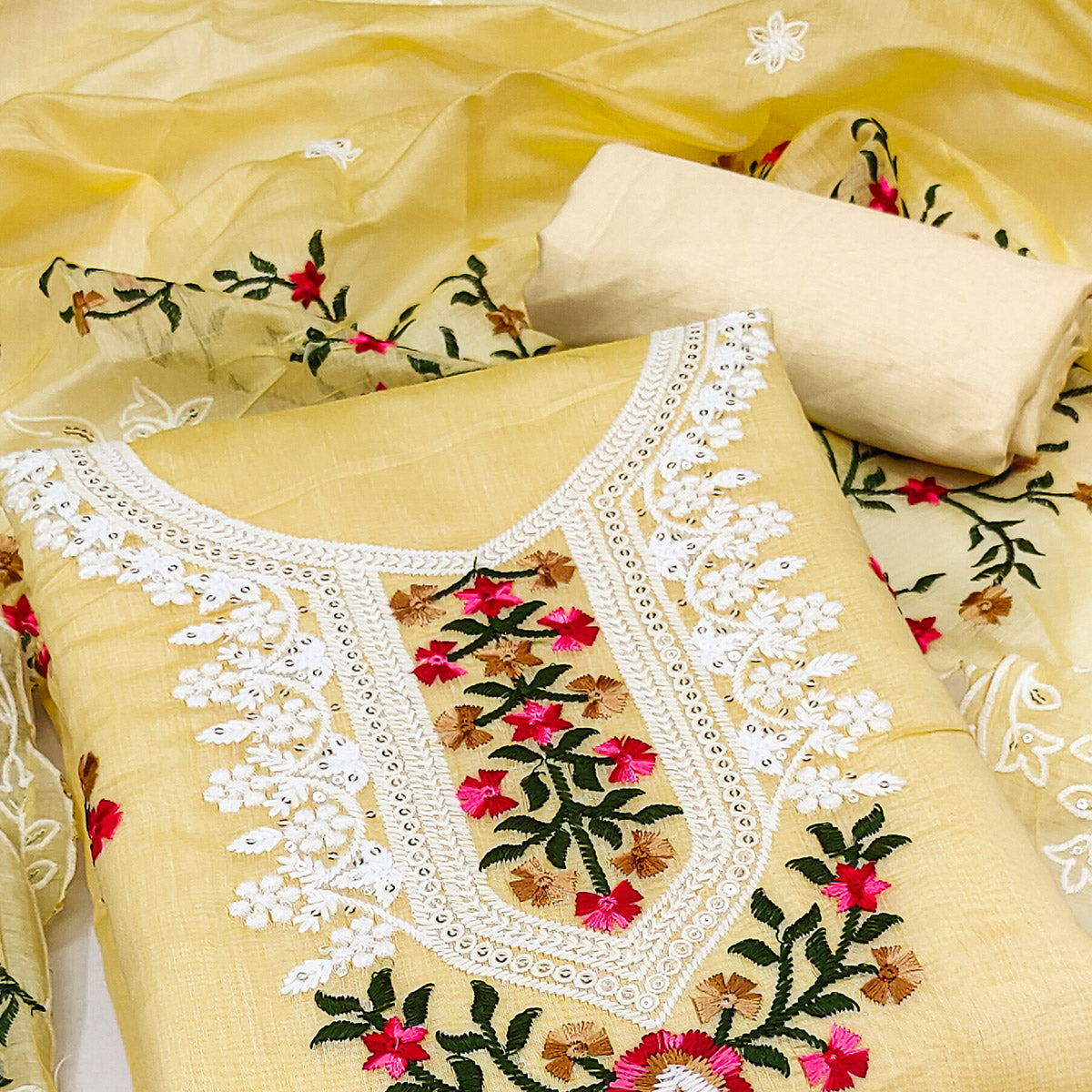 Yellow Floral Embroidered Chanderi Dress Material