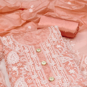 Peach Floral Embroidered Chanderi Dress Material