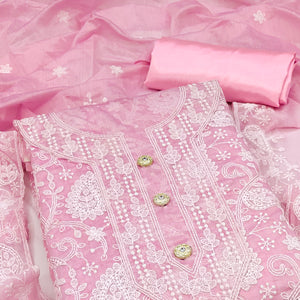 Pink Floral Embroidered Chanderi Dress Material