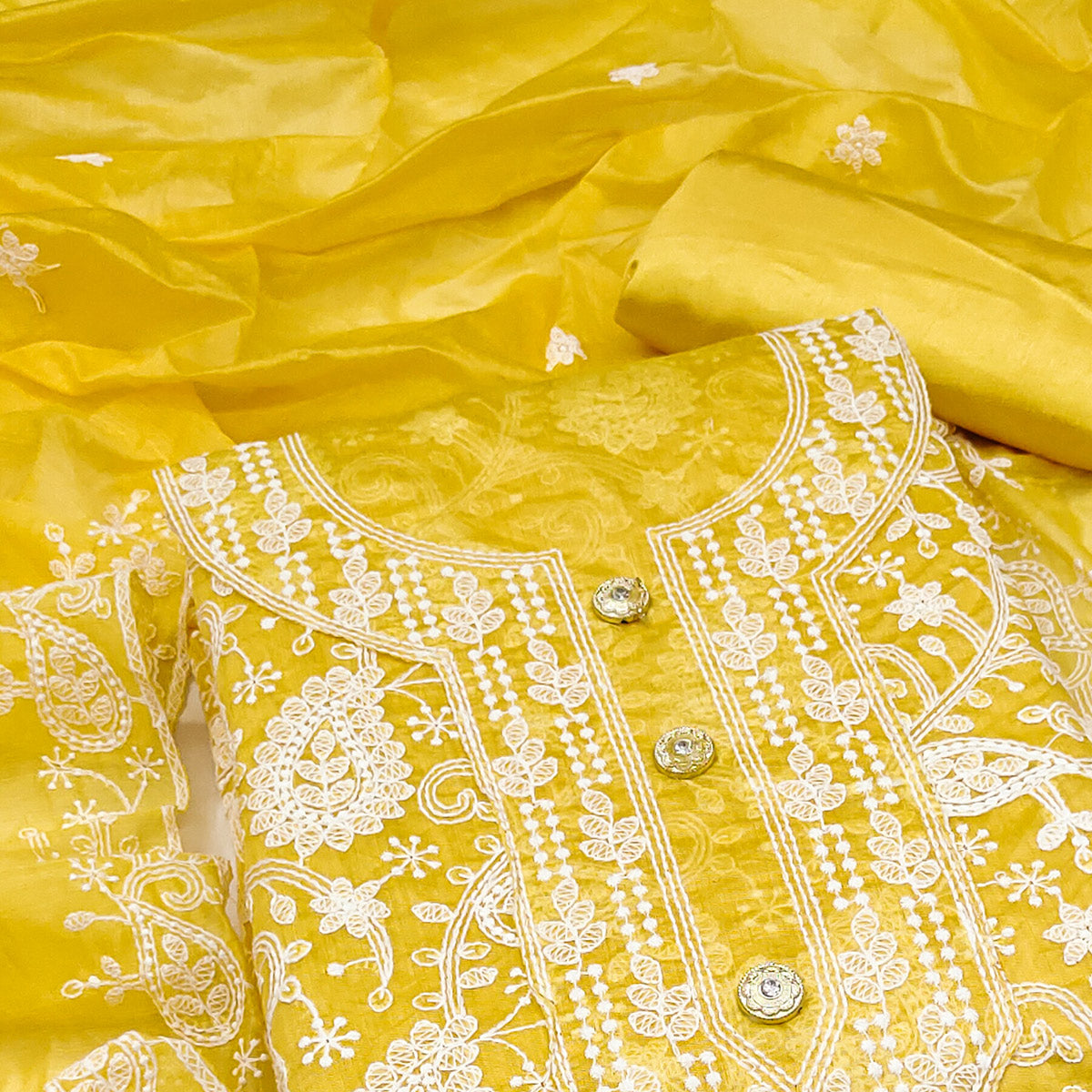 Yellow Floral Embroidered Chanderi Dress Material
