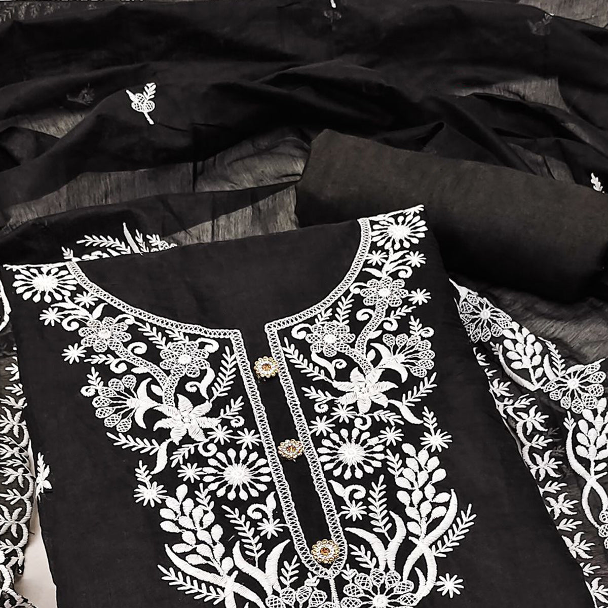 Black Floral Embroidered Chanderi Dress Material