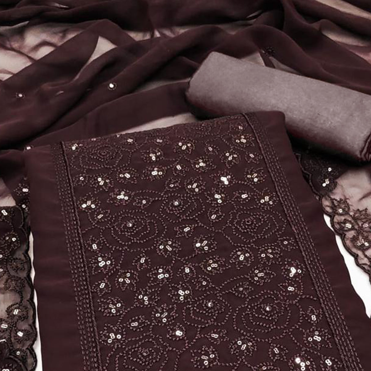 Brown Floral Embroidered Georgette Dress Material