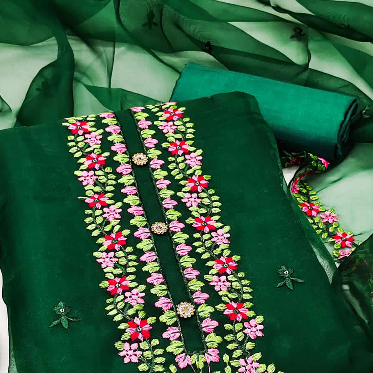 Bottle Green Floral Embroidered Organza Dress Material