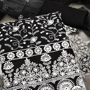 Black Floral Embroidered Organza Dress Material