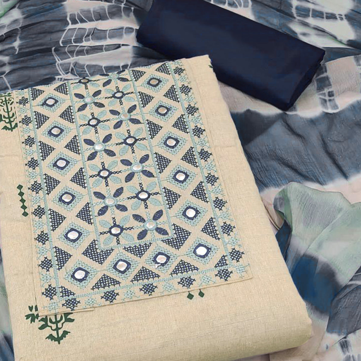 Chikoo & Navy Blue Printed Cotton Dress Material