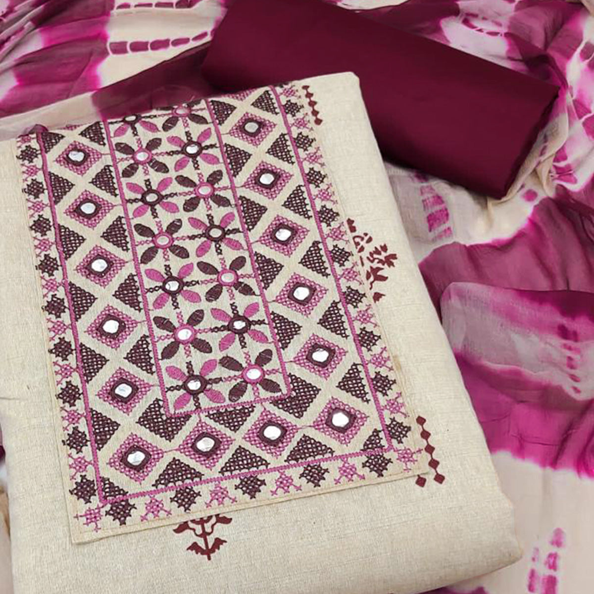Chikoo & Wine Printed Cotton Dress Material