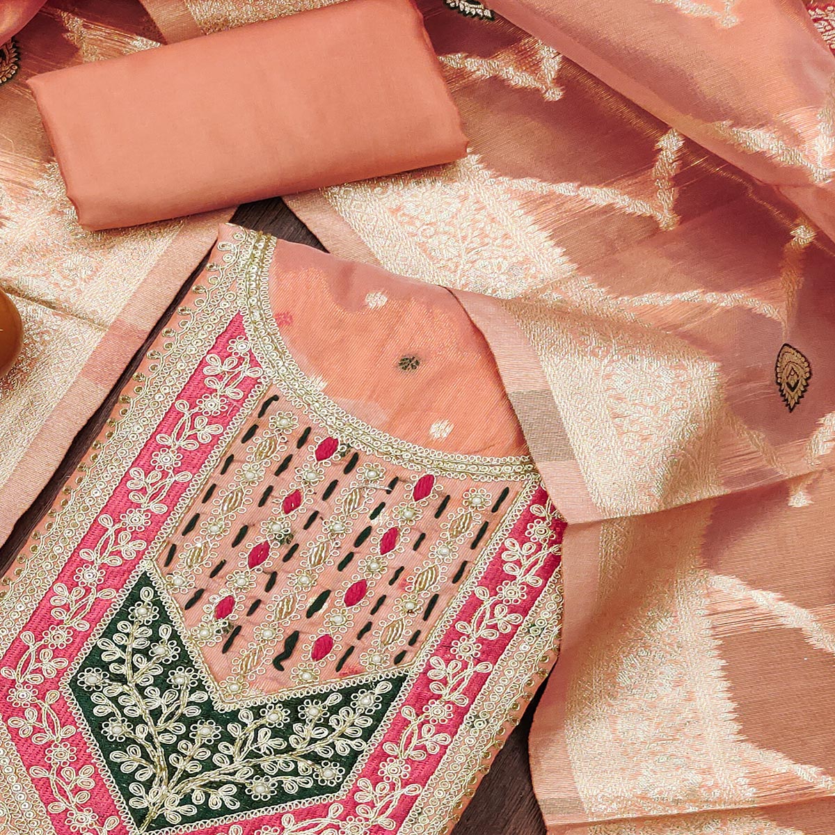 Peach Sequins Embroidered With Woven Chanderi Silk Dress Material