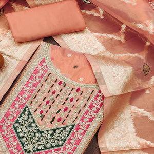 Peach Sequins Embroidered With Woven Chanderi Silk Dress Material