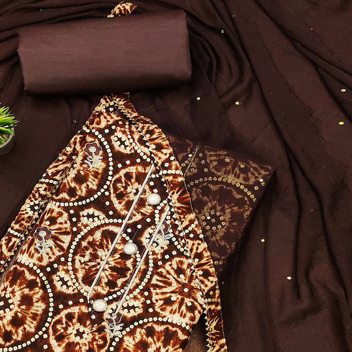 Brown Foil Printed Rayon Dress Material