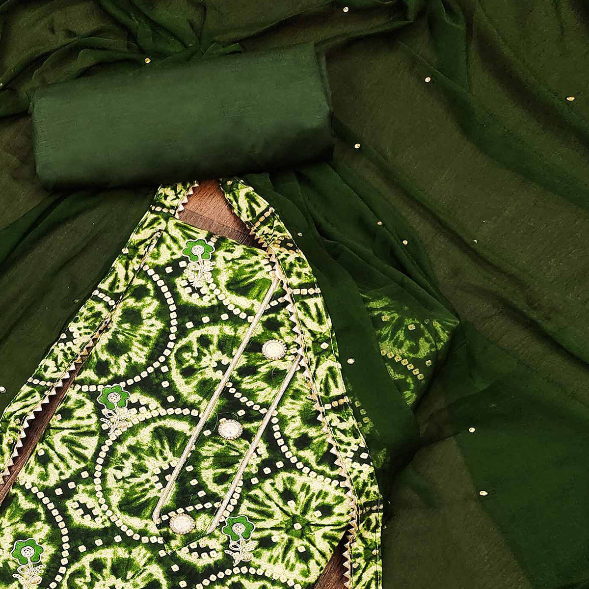 Green Foil Printed Rayon Dress Material