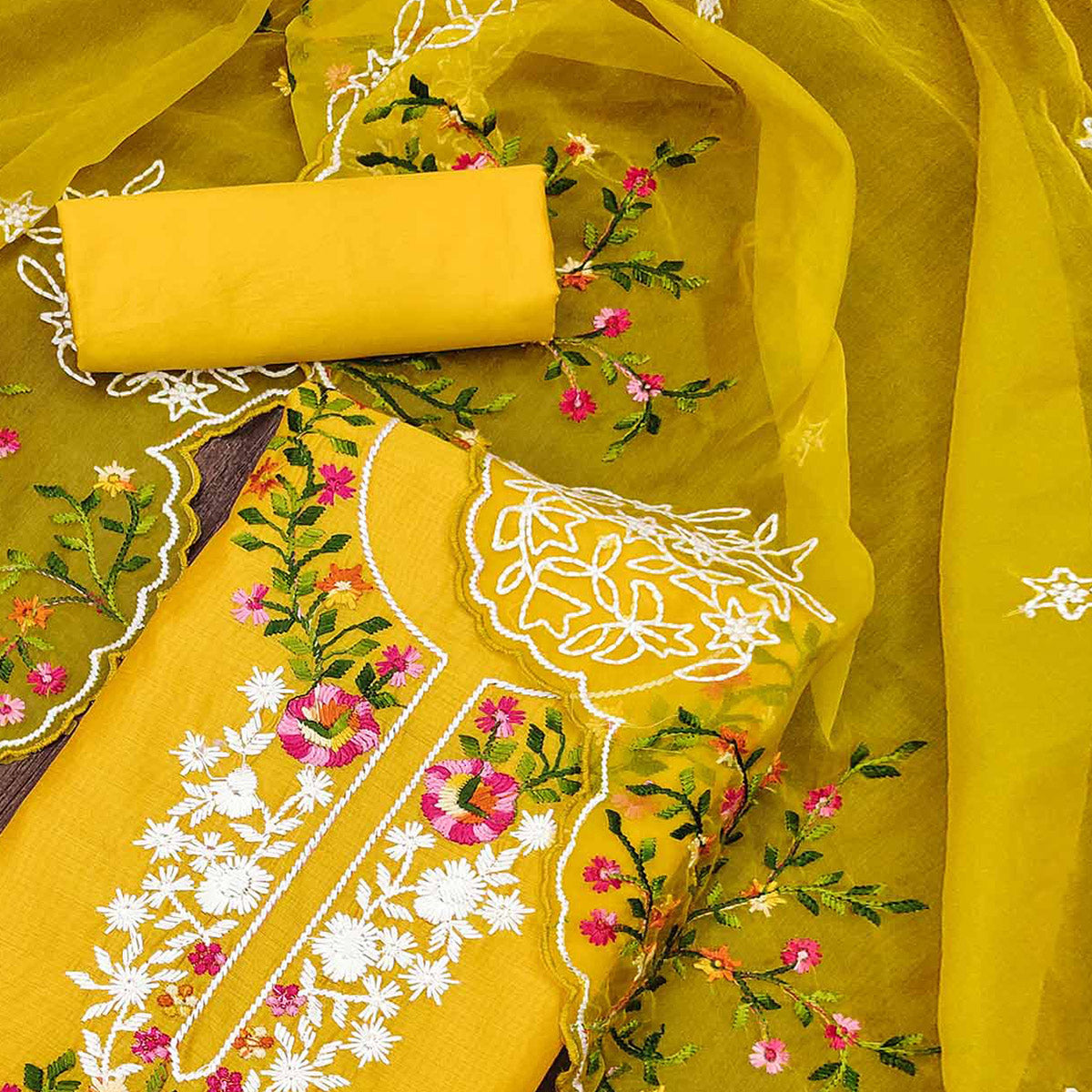 Yellow Floral Embroidered Chanderi Dress Material