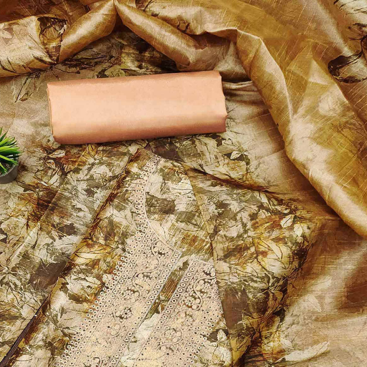 Brown Printed Cotton Silk Dress Material