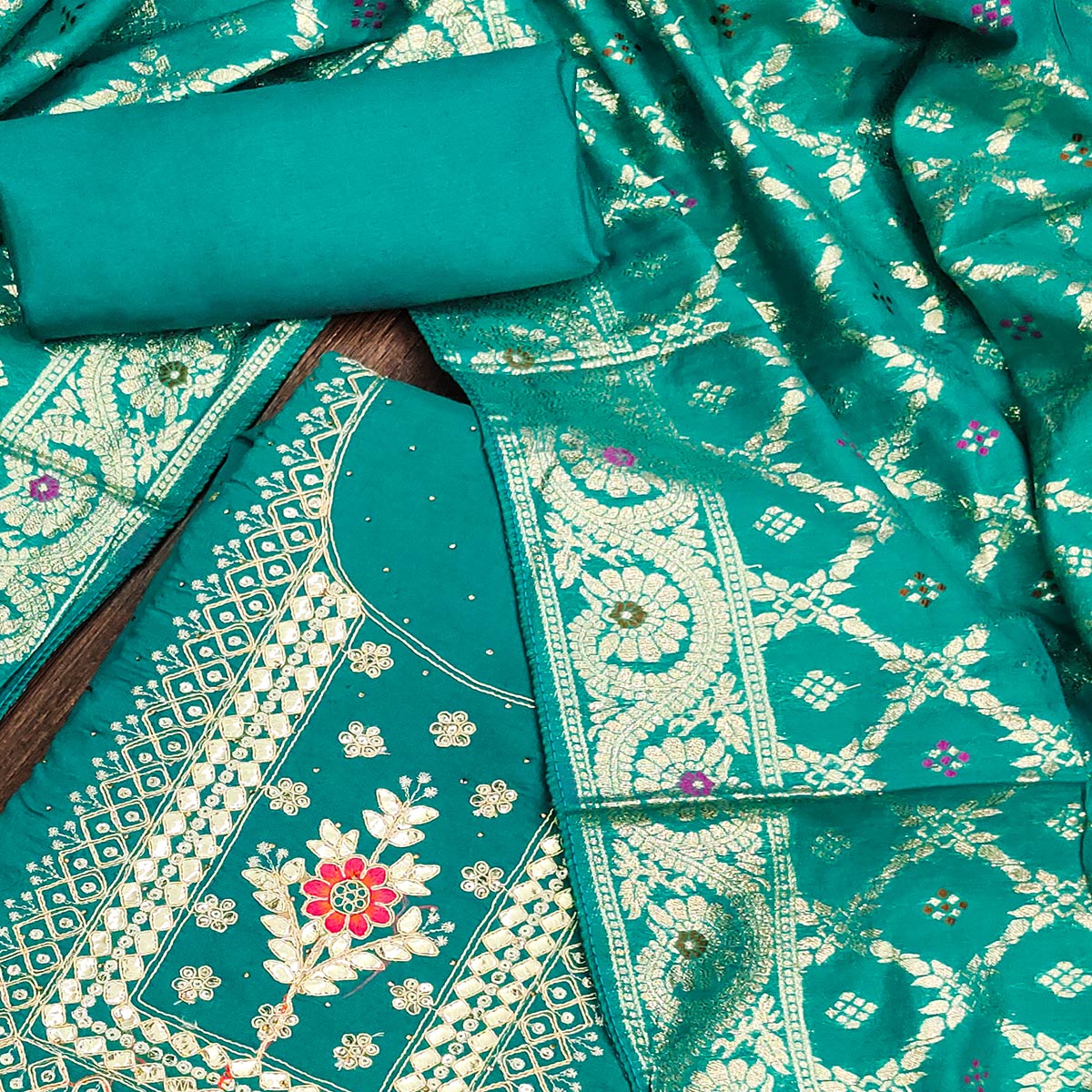 Turquoise Floral Embroidery With Stonework Chanderi Dress Material