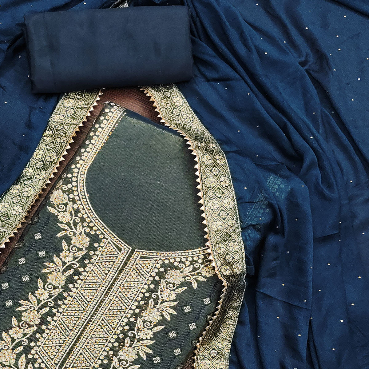 Blue Floral Woven With Stonework Jacquard Dress Material