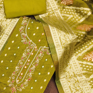 Olive Woven Jacquard Dress Material