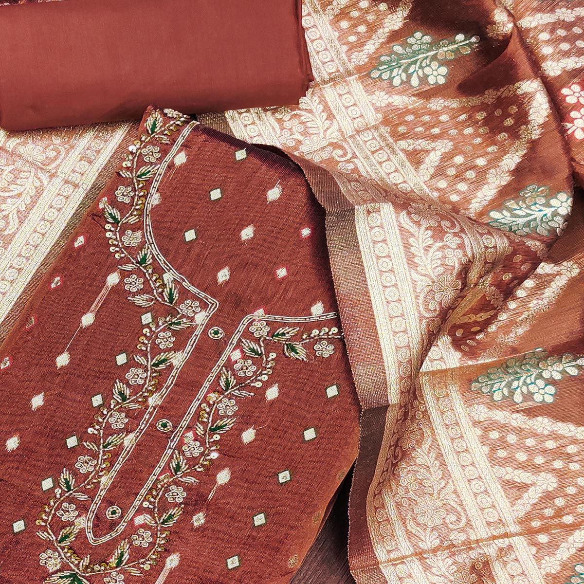 Rust Woven Jacquard Dress Material