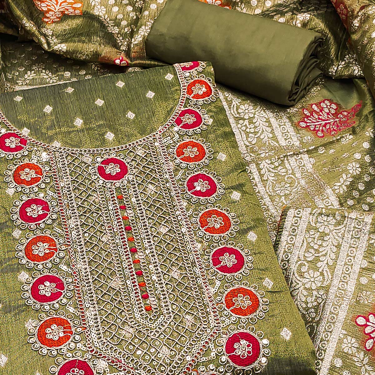 Green Woven With Sequins Embroidered Simmer Cotton Silk Dress Material