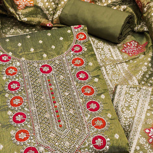 Green Woven With Sequins Embroidered Simmer Cotton Silk Dress Material