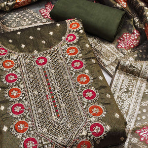 Mehendi Green Woven With Sequins Embroidered Simmer Cotton Silk Dress Material